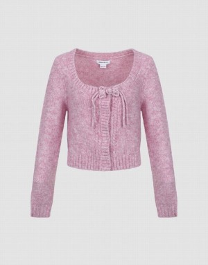 Pink Urban Revivo Tie Front Crew Neck Knitted Women's Cardigan | 68145JKBE