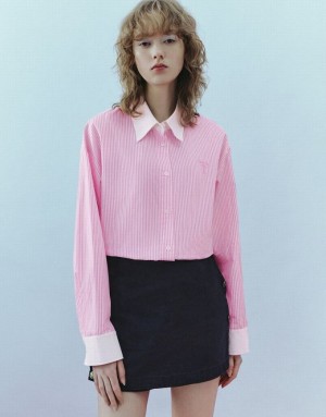 Pink Urban Revivo Two Toned Striped Straight Women's Shirts | 56493KUPR