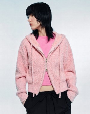 Pink Urban Revivo Zipper Front Hooded Knitted Women's Cardigan | 70485OXDE