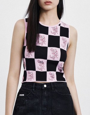 Pink / Black Urban Revivo Hot Stuff Checkered Knitted Women's Tank Top | 83702SAKE