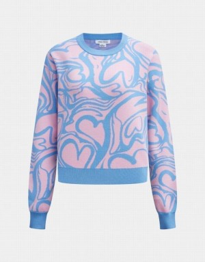 Pink / Blue Urban Revivo Heart Pattern Jacquard Women's Sweaters | 71289EACQ