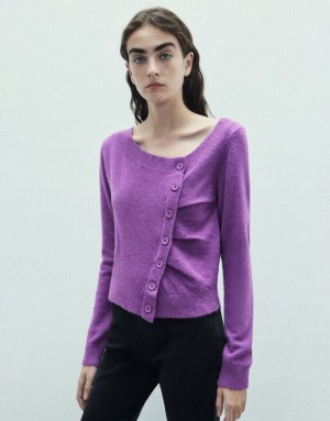 Purple Urban Revivo Button Decor V-Neck Knitted Women's Cardigan | 18905BJWN