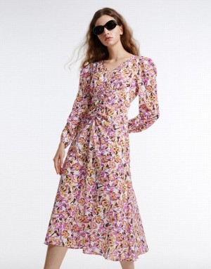 Purple Urban Revivo Floral Chiffon Women's Casual Dress | 35792WTPQ