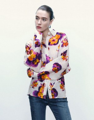 Purple Urban Revivo Flower Printed Button Up Women's Shirts | 17604XOFU