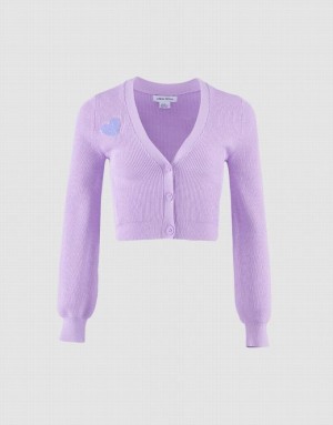 Purple Urban Revivo Heart Embroidery Ribbed Knit Women's Cardigan | 67914AVDN