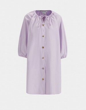 Purple Urban Revivo Knot Front Button Up Crew Neck Women's Casual Dress | 76489ZKHA