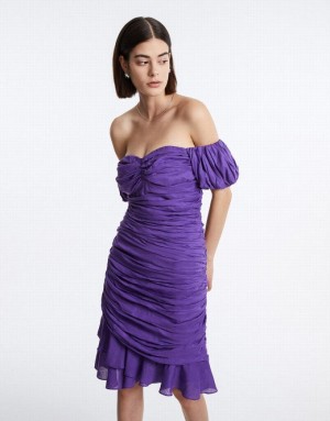 Purple Urban Revivo Off Shoulder Ruched Ruffle Hem Women's Casual Dress | 06512HKCM