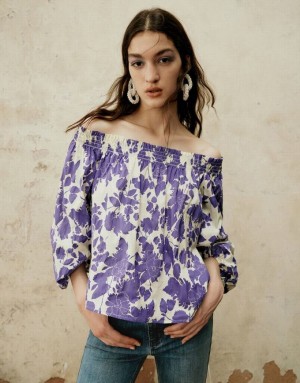 Purple Urban Revivo Printed Off-Shoulder Overhead Women's Blouse | 13257PHLK