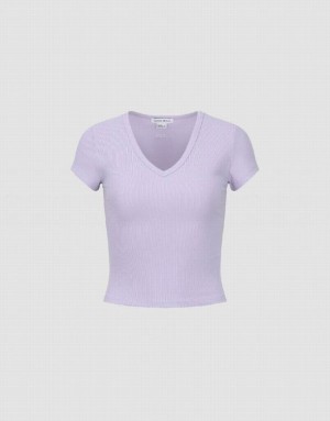 Purple Urban Revivo Skinny V-Neck Knitted Women's T-Shirts | 31805THYZ