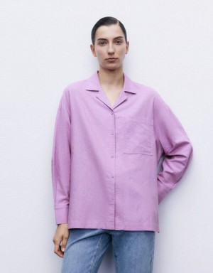 Purple Urban Revivo Standard Sleeve With Pocket Women's Shirts | 83546AENR