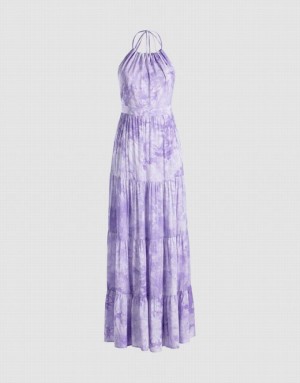 Purple Urban Revivo Tie Dye Tiered Backless Halter Women's Casual Dress | 74538DSFT