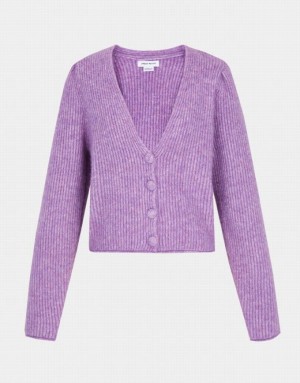 Purple Urban Revivo V Neck Rib Knit Women's Cardigan | 61923ZUVM