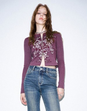 Purple Urban Revivo Zipper Front Printed Crew Neck Women's Shirts | 15483XYRS