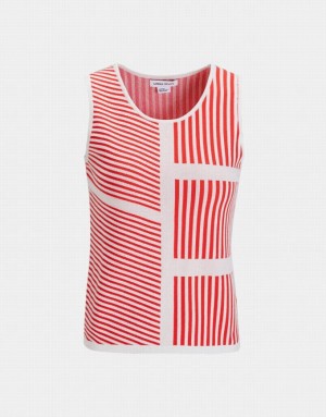 Red Urban Revivo Contrast Striped Fitted Knit Women's Tank Top | 53074RVHT