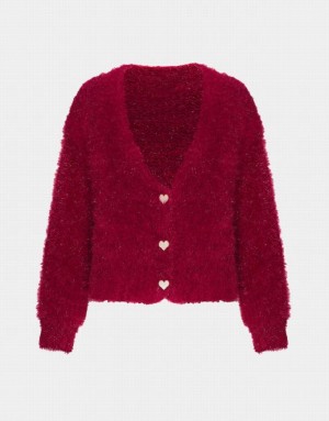 Red Urban Revivo Heart Button Fluffy Women's Cardigan | 01625DTIX