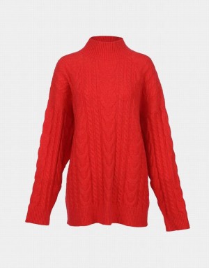 Red Urban Revivo High Neck Cable Knit Holiday Women's Sweaters | 18423PLYX