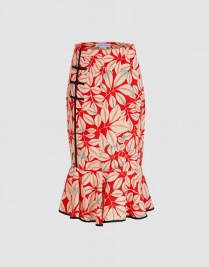 Red Urban Revivo Leaves Print Frog Button Fishtail Women's Skirts | 97140DLQB