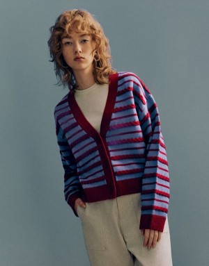 Red Urban Revivo Striped V-Neck Knitted Women's Cardigan | 15809UAFL