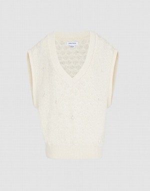 White Urban Revivo Beaded Women's Sweater Vest | 32041RGCP