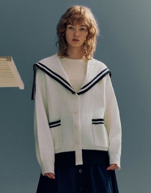 White Urban Revivo Bow Neck Knitted Women's Cardigan | 80647KIJN