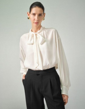 White Urban Revivo Bow Neck Overhead With Tie Women's Blouse | 76093JZMX