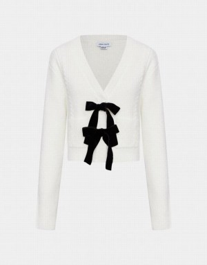 White Urban Revivo Bow Tie Decor V-Neck Knitted Women's Cardigan | 65340DSCM