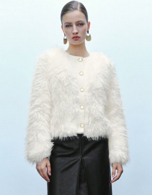 White Urban Revivo Button Up Straight Furry Women's Coats | 56902AMDW