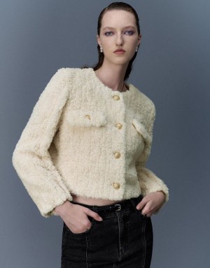 White Urban Revivo Crew Neck Furry Straight Women's Coats | 95730IPRY