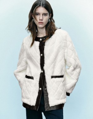 White Urban Revivo Crew Neck Straight Furry Women's Coats | 91473KQDN