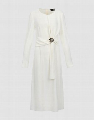 White Urban Revivo Crew Neck Straight With Belt Decor Women's Dress | 26593MNTV