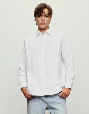 White Urban Revivo Drop Shoulder Sleeve Loose Men's Shirts | 82963OLEU