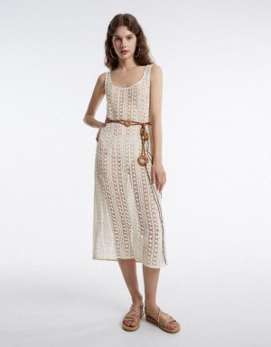 White Urban Revivo Embroidered Women's Knitted Dress | 46158SMQI