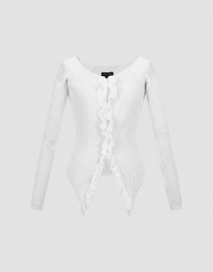 White Urban Revivo Frill Trim Knitted Women's Cardigan | 71324UWLG