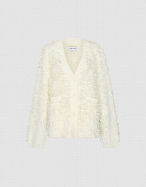 White Urban Revivo Furry V-Neck Knitted Women's Cardigan | 34728FHDZ