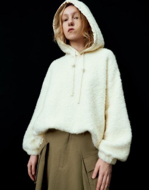 White Urban Revivo Hooded Furry Knitted Women's Jacket | 52160DZFN