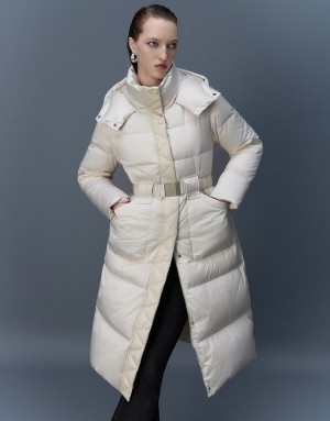 White Urban Revivo Hooded Skater With Belt Women's Down Jackets | 92518ESRX