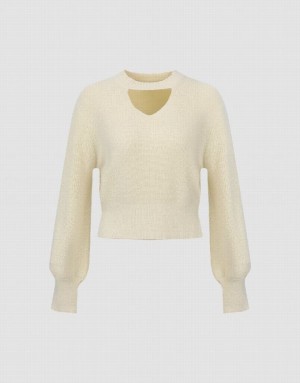 White Urban Revivo Keyhole Neck Knitted Women's Cardigan | 63950NWBJ