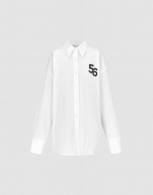 White Urban Revivo Letter Printed Lapel Women's Shirts | 26035QAYR