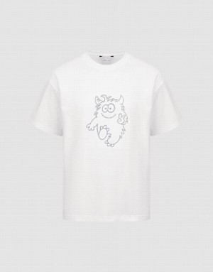 White Urban Revivo Monster Printed Crew Neck Men's T-Shirts | 34650PQKN