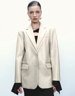 White Urban Revivo Notch Lapel Vegan Leather Straight Women's Leather Jackets | 06127INGQ