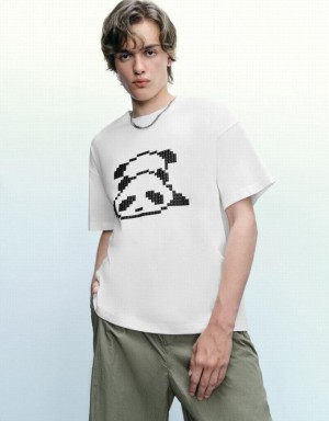 White Urban Revivo Panda Printed Crew Neck Men's T-Shirts | 08397PHMO