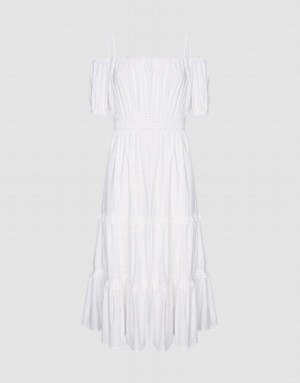 White Urban Revivo Plain Cold Shoulder Tiered Midi Women's Midi Dress | 49723OXHF