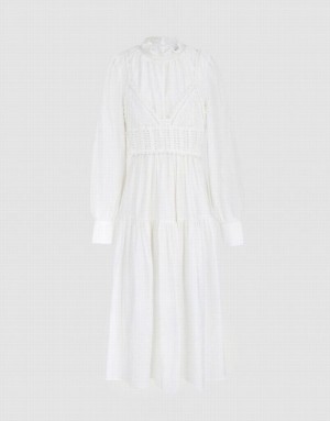 White Urban Revivo Plain Frill Trim Puff Sleeve Women's Casual Dress | 02459AQEK