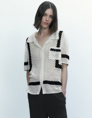 White Urban Revivo Pointelle Lapel Knitted Women's Cardigan | 58193NMXJ