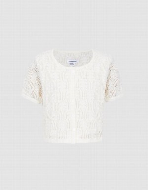 White Urban Revivo Pointelle Short Sleeve Women's Cardigan | 76312VTDN