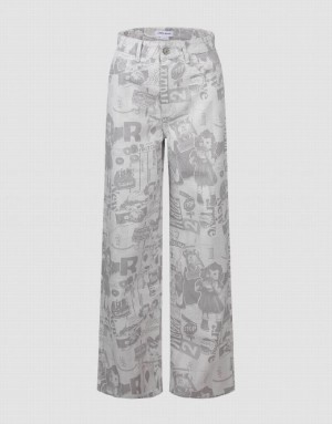 White Urban Revivo Printed Wide-Leg Women's Jeans | 52370XHBZ