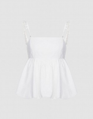 White Urban Revivo Ruffle Hem With Beaded Strap Women's Camisole | 63819IMKR