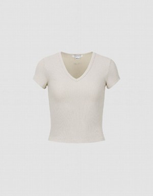 White Urban Revivo Skinny V-Neck Knitted Women's T-Shirts | 45819ZPQH