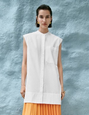 White Urban Revivo Sleeveless Button Up Women's Shirts | 28745FCYT