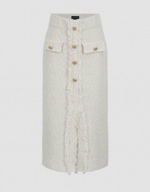 White Urban Revivo Split Hem Tweed Knitted Straight Women's Skirts | 28054SJBP